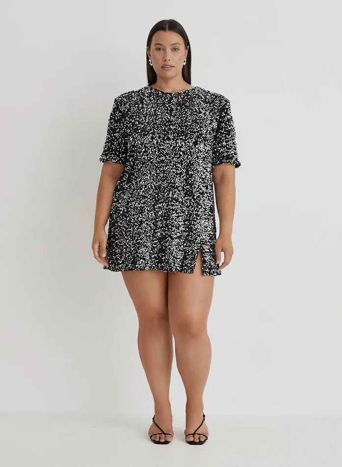 Women Black Curve Open Back Sequin TShirt Dress Marca 4th and Reckless Party Wear