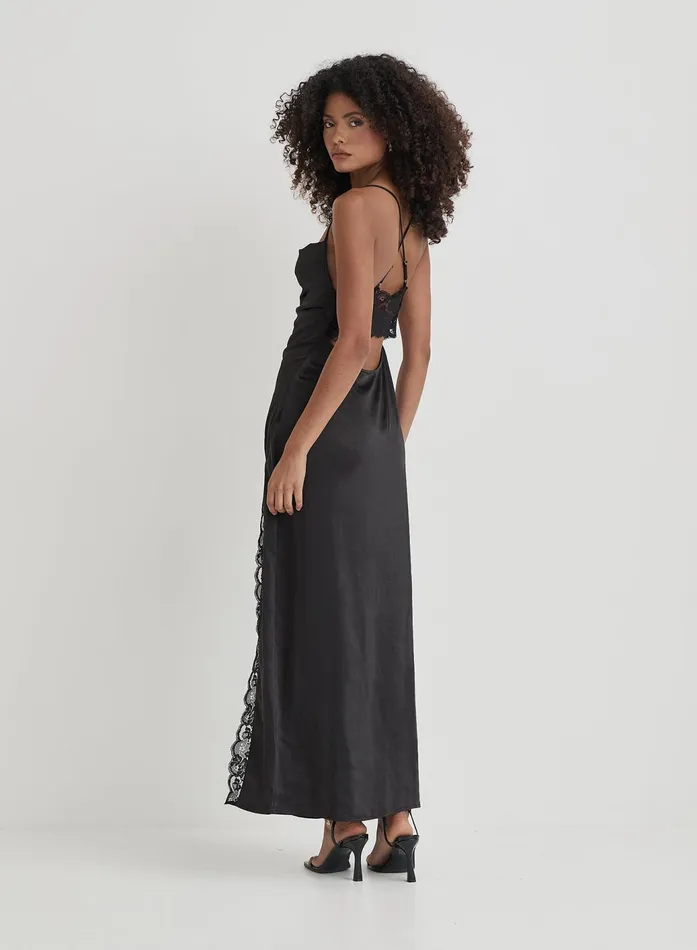 Women Black Satin Side Split Maxi Dress Kacie 4th and Reckless Dresses