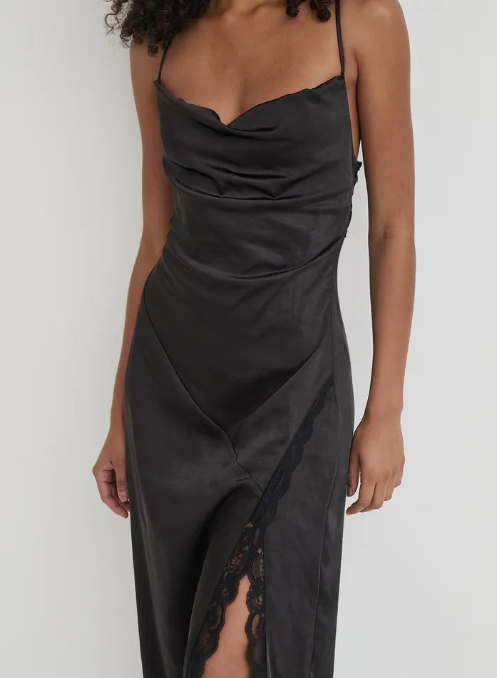 Women Black Satin Side Split Maxi Dress Kacie 4th and Reckless Dresses