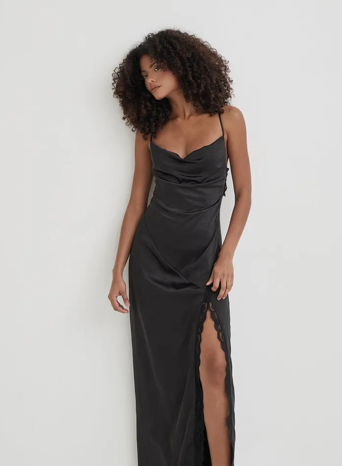 Women Black Satin Side Split Maxi Dress Kacie 4th and Reckless Dresses