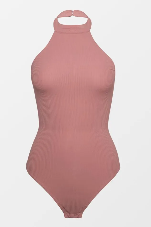 Women Bodysuits Cupshe Hattie Rib Halter Bodysuit Dust Pink