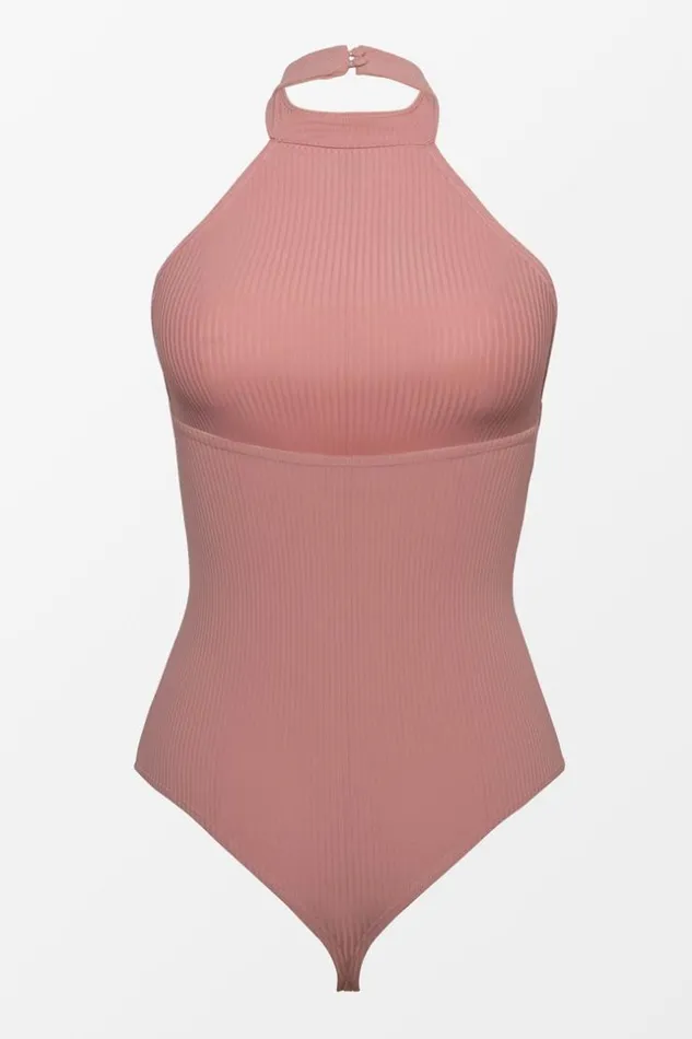 Women Bodysuits Cupshe Hattie Rib Halter Bodysuit Dust Pink