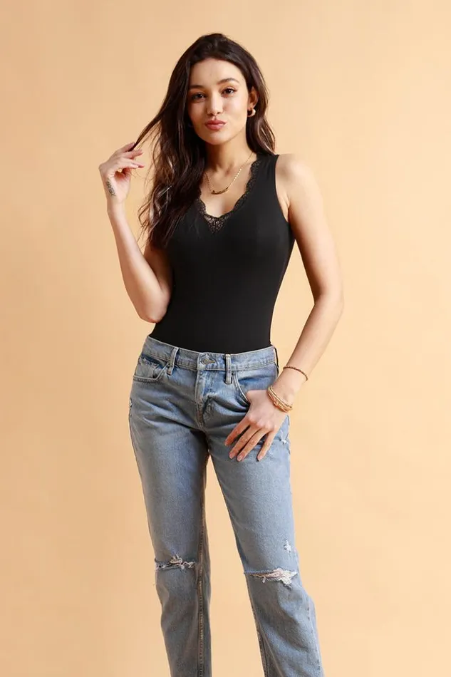 Women Bodysuits Cupshe Keely Scalloped Lace Trim Bodysuit Black