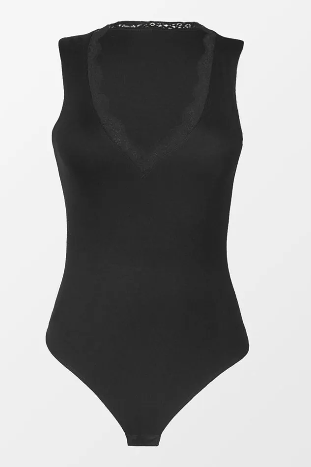 Women Bodysuits Cupshe Keely Scalloped Lace Trim Bodysuit Black