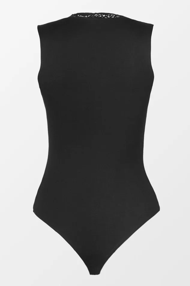 Women Bodysuits Cupshe Keely Scalloped Lace Trim Bodysuit Black