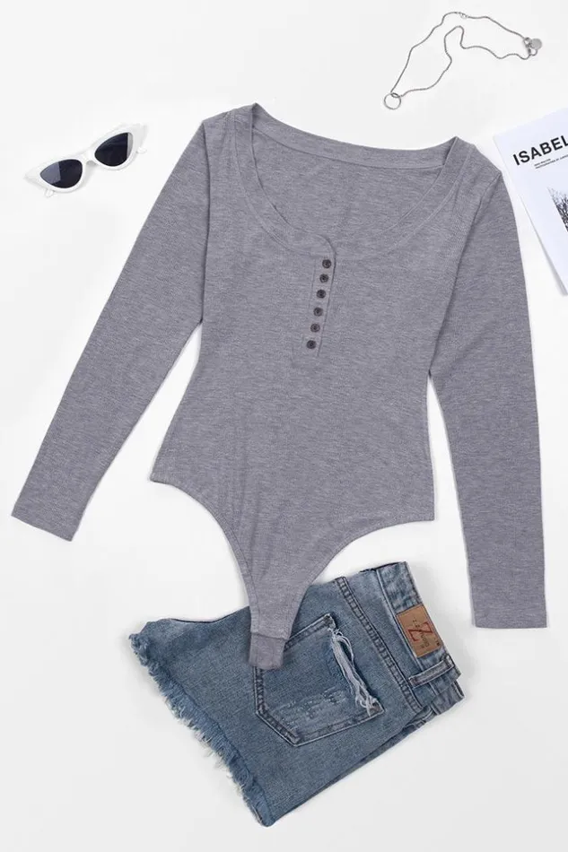 Women Bodysuits Cupshe Tenley Button Front Scoop Neck Bodysuit Gray
