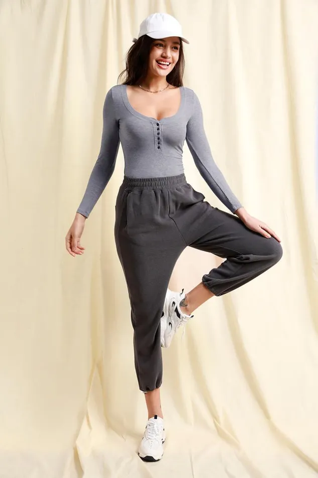 Women Bodysuits Cupshe Tenley Button Front Scoop Neck Bodysuit Gray