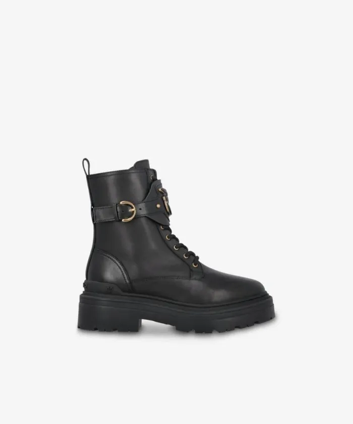 Women Boots Pinko Leather Combat Boots With Branded Front Strap Limo Black