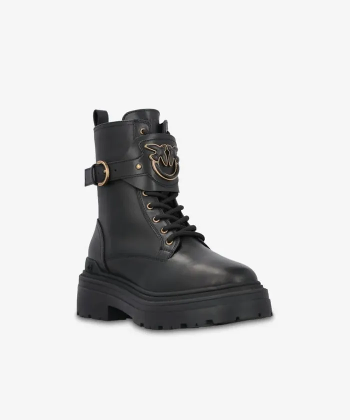 Women Boots Pinko Leather Combat Boots With Branded Front Strap Limo Black Women Boots Pinko Leather Combat Boots With Branded Front Strap Limo Black