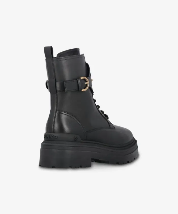 Women Boots Pinko Leather Combat Boots With Branded Front Strap Limo Black Women Boots Pinko Leather Combat Boots With Branded Front Strap Limo Black