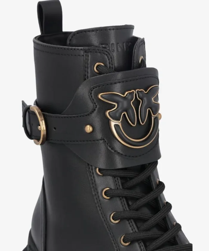 Women Boots Pinko Leather Combat Boots With Branded Front Strap Limo Black Women Boots Pinko Leather Combat Boots With Branded Front Strap Limo Black