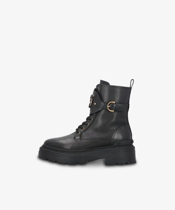 Women Boots Pinko Leather Combat Boots With Branded Front Strap Limo Black Women Boots Pinko Leather Combat Boots With Branded Front Strap Limo Black