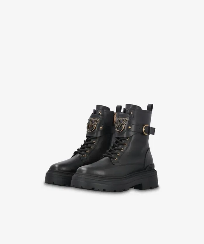Women Boots Pinko Leather Combat Boots With Branded Front Strap Limo Black Women Boots Pinko Leather Combat Boots With Branded Front Strap Limo Black