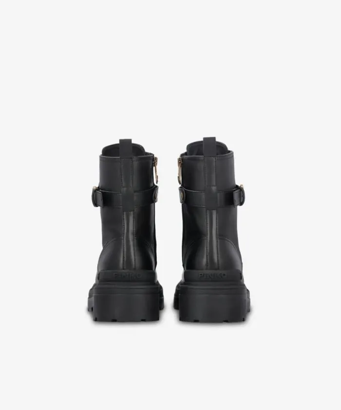 Women Boots Pinko Leather Combat Boots With Branded Front Strap Limo Black Women Boots Pinko Leather Combat Boots With Branded Front Strap Limo Black