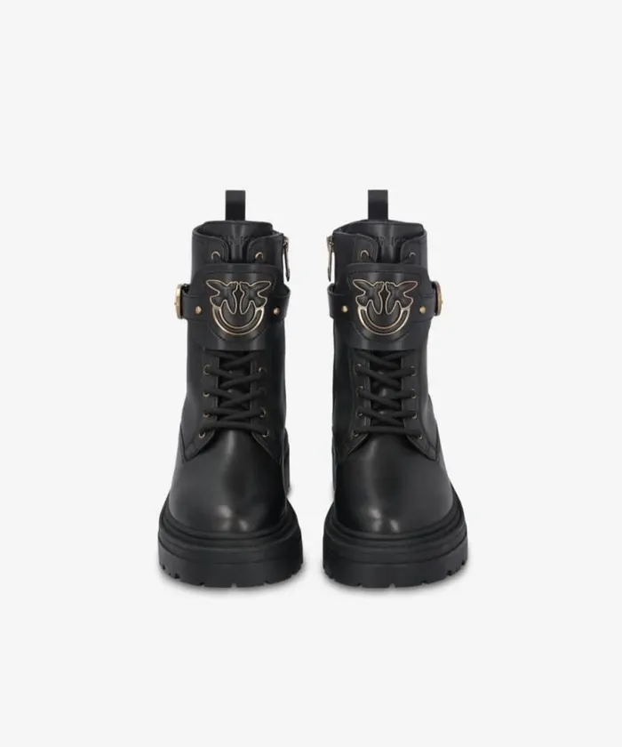 Women Boots Pinko Leather Combat Boots With Branded Front Strap Limo Black Women Boots Pinko Leather Combat Boots With Branded Front Strap Limo Black