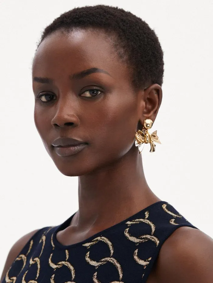 Women Bow Drop ClipOn Earrings Gold Oscar De La Renta Earrings