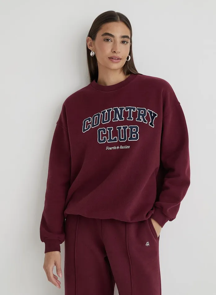 Women Burgundy Country Club Slogan Classic Longline Sweatshirt Charli 4th and Reckless Athleisure Women Burgundy Country Club Slogan Classic Longline Sweatshirt Charli 4th and Reckless Athleisure