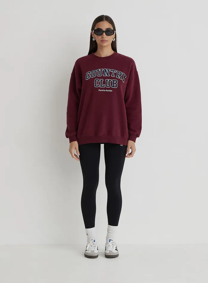 Women Burgundy Country Club Slogan Classic Longline Sweatshirt Charli 4th and Reckless Athleisure