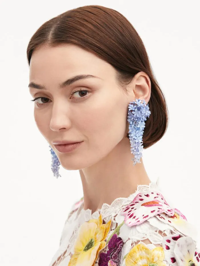 Women Cascading Flower ClipOn Earrings Powder Blue Oscar De La Renta Earrings
