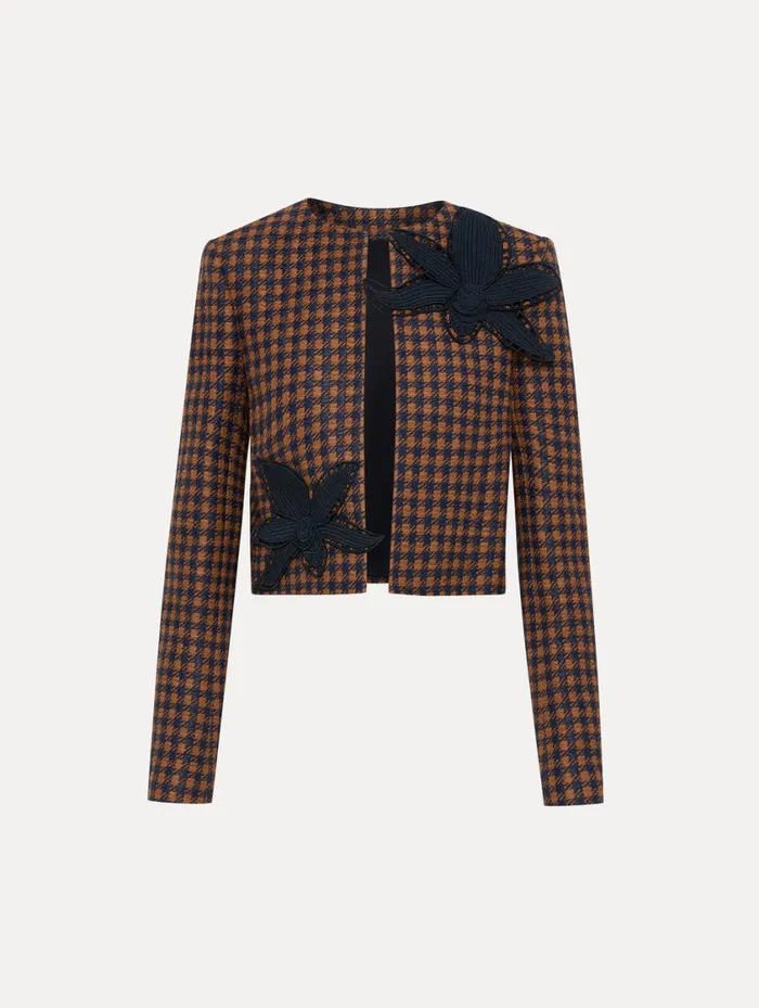 Women Check Tweed Orchid Embroidered Jacket Cognac Navy Oscar De La Renta Jackets and Coats Women Check Tweed Orchid Embroidered Jacket Cognac Navy Oscar De La Renta Jackets and Coats