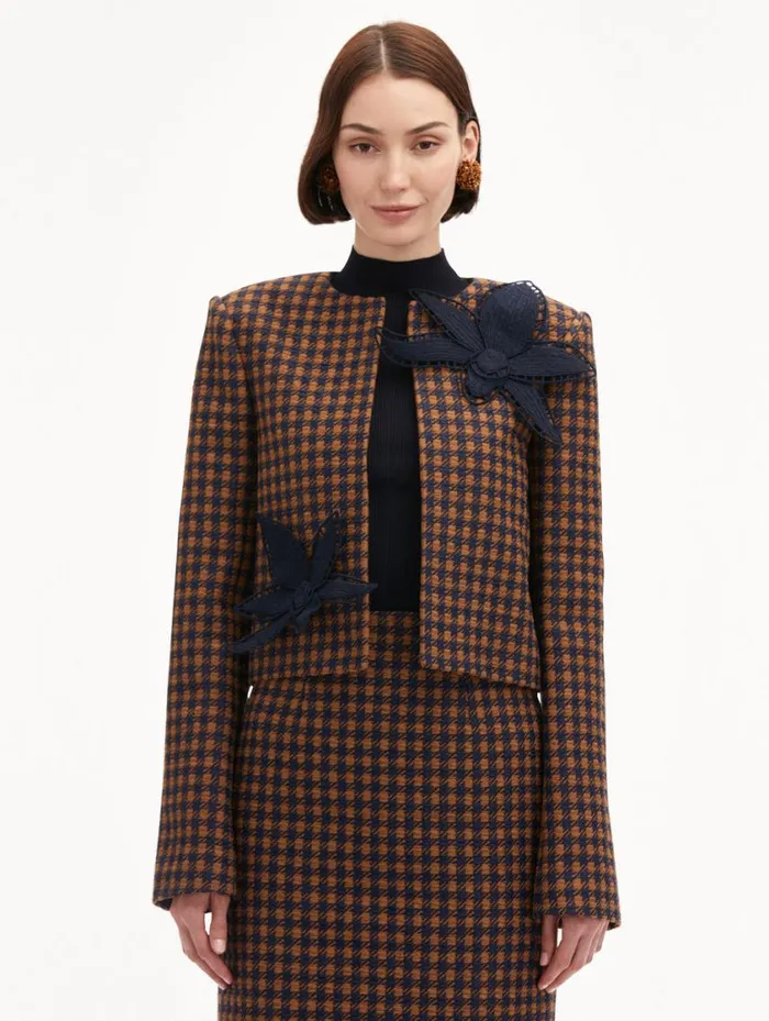 Women Check Tweed Orchid Embroidered Jacket Cognac Navy Oscar De La Renta Jackets and Coats Women Check Tweed Orchid Embroidered Jacket Cognac Navy Oscar De La Renta Jackets and Coats