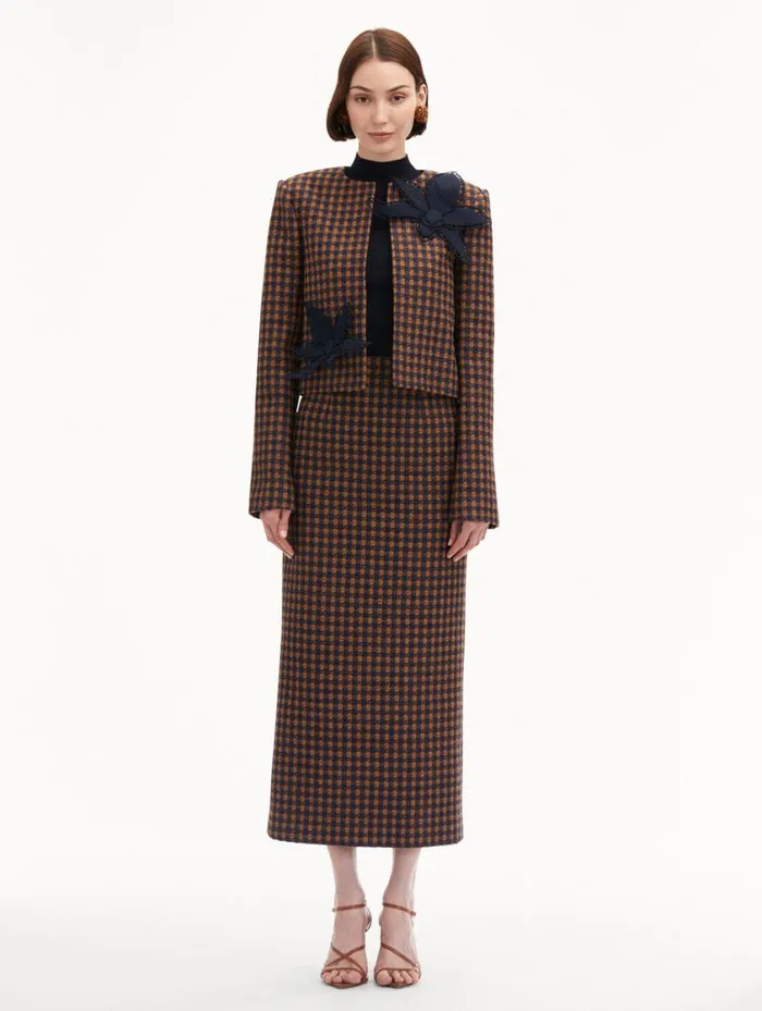 Women Check Tweed Orchid Embroidered Jacket Cognac Navy Oscar De La Renta Jackets and Coats Women Check Tweed Orchid Embroidered Jacket Cognac Navy Oscar De La Renta Jackets and Coats