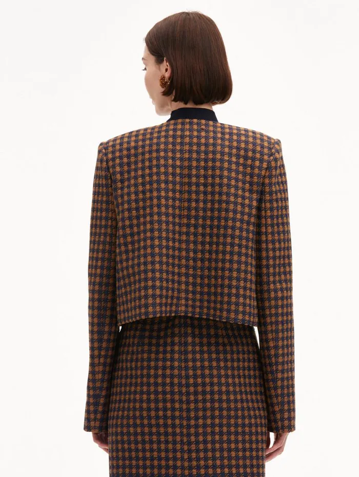 Women Check Tweed Orchid Embroidered Jacket Cognac Navy Oscar De La Renta Jackets and Coats Women Check Tweed Orchid Embroidered Jacket Cognac Navy Oscar De La Renta Jackets and Coats