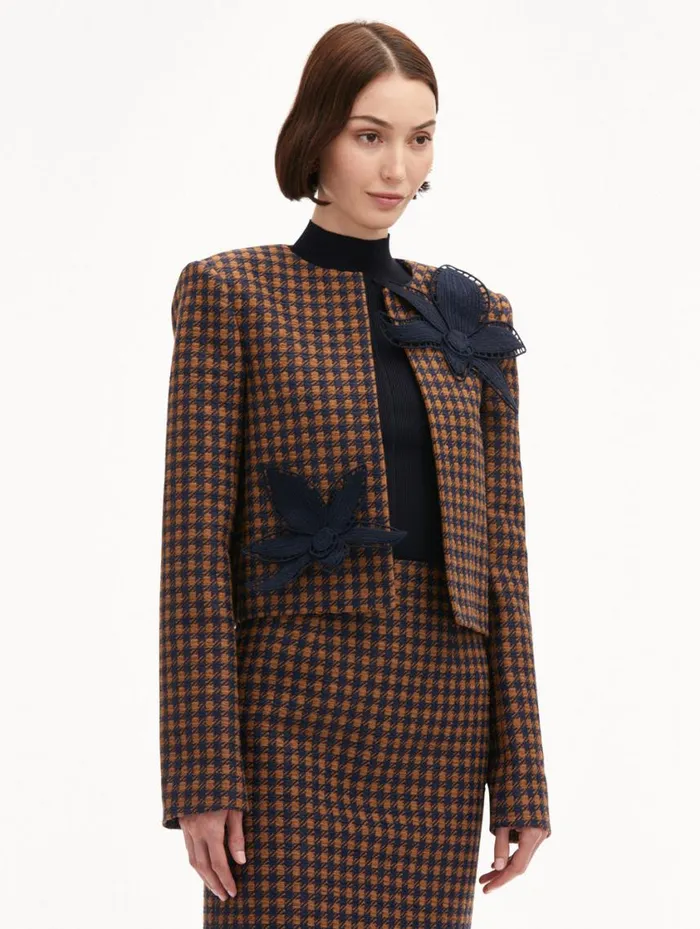 Women Check Tweed Orchid Embroidered Jacket Cognac Navy Oscar De La Renta Jackets and Coats Women Check Tweed Orchid Embroidered Jacket Cognac Navy Oscar De La Renta Jackets and Coats