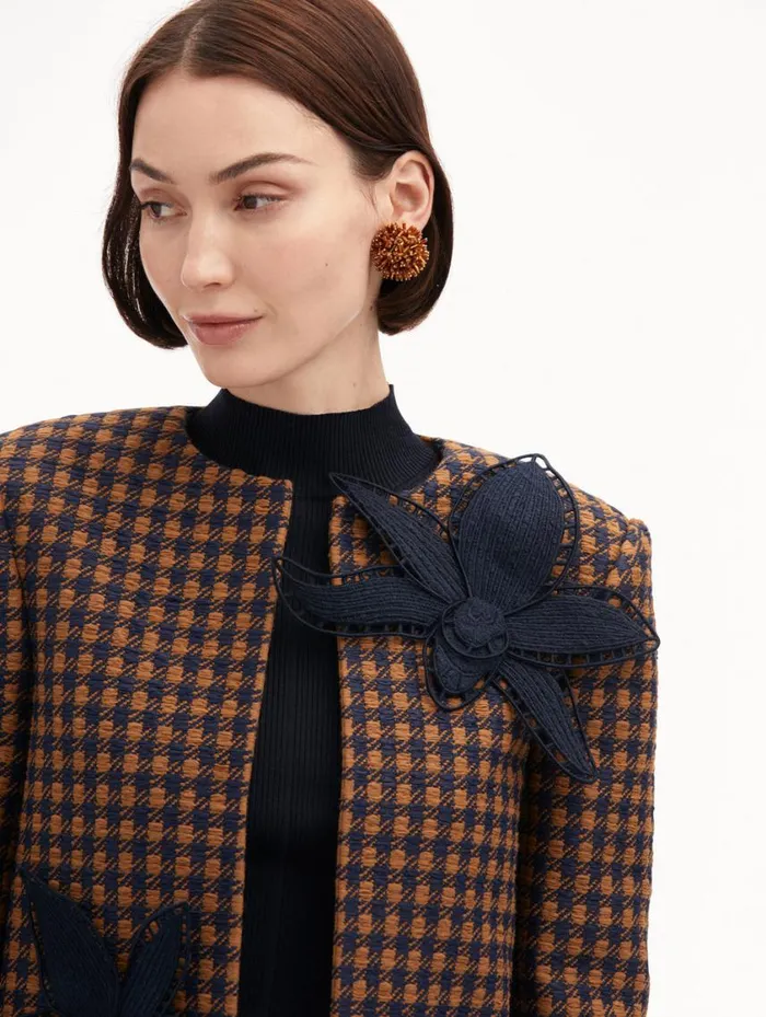 Women Check Tweed Orchid Embroidered Jacket Cognac Navy Oscar De La Renta Jackets and Coats Women Check Tweed Orchid Embroidered Jacket Cognac Navy Oscar De La Renta Jackets and Coats