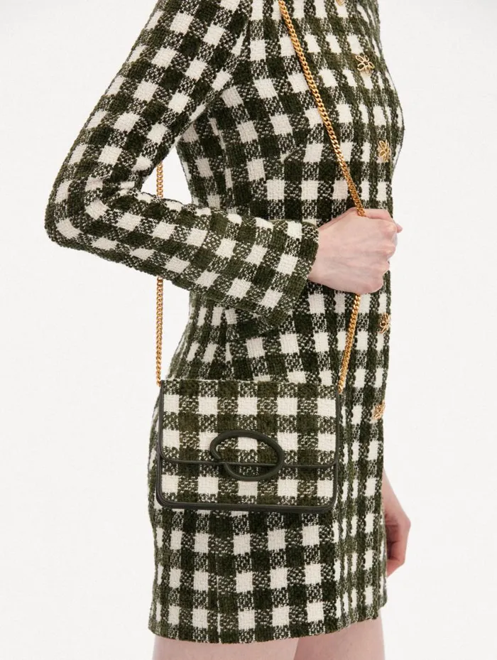 Women Chenille Check Tweed O Pochette Ivory Olive Oscar De La Renta Handbags