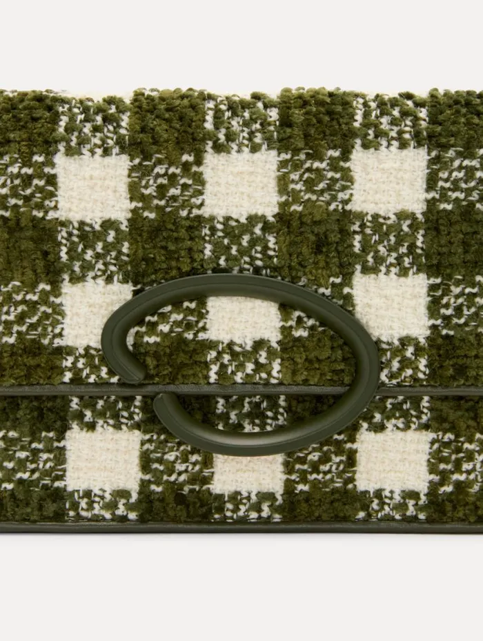 Women Chenille Check Tweed O Pochette Ivory Olive Oscar De La Renta Handbags