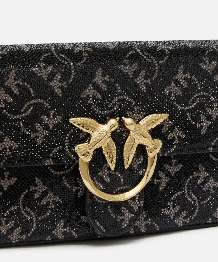 Women Crossbody Bags Pinko Love Bag With Rhinestones And Removable Shoulder Strap Blacksilvergold