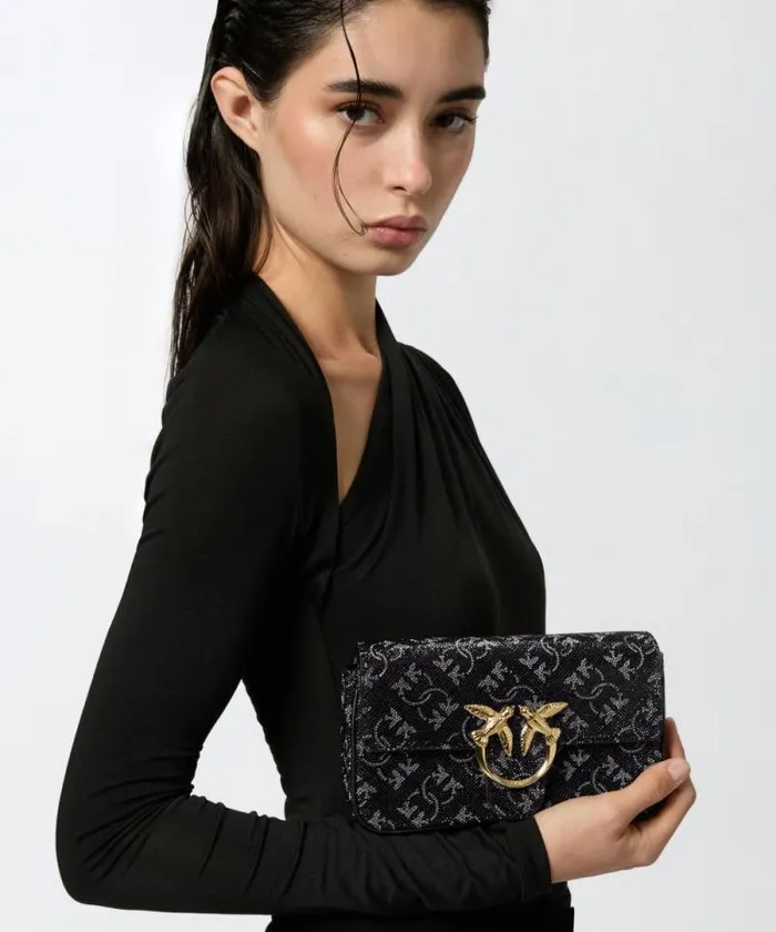 Women Crossbody Bags Pinko Love Bag With Rhinestones And Removable Shoulder Strap Blacksilvergold