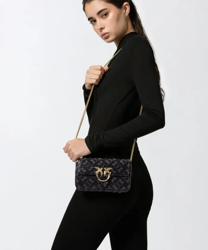Women Crossbody Bags Pinko Love Bag With Rhinestones And Removable Shoulder Strap Blacksilvergold