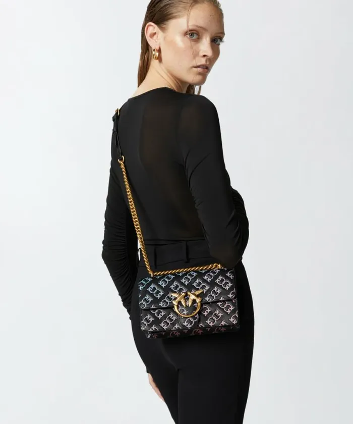 Women Crossbody Bags Pinko Mini Love Bag Crossbody Bag With Multicoloured Imprim Logo Blackmulticolouredantiquegold