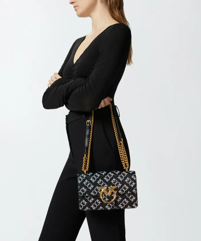Women Crossbody Bags Pinko Mini Love Bag Crossbody Bag With Multicoloured Imprim Logo Blackmulticolouredantiquegold