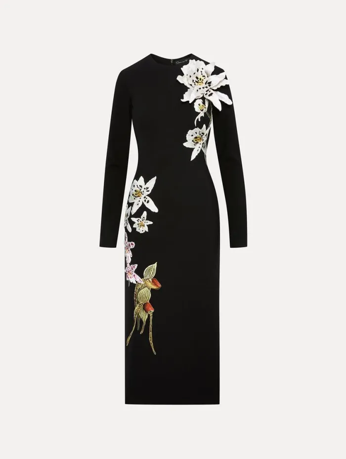 Women Crystal Orchid Threadwork Dress Black Oscar De La Renta Dresses