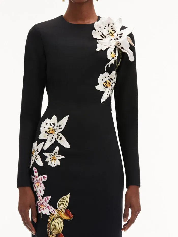 Women Crystal Orchid Threadwork Dress Black Oscar De La Renta Dresses Women Crystal Orchid Threadwork Dress Black Oscar De La Renta Dresses