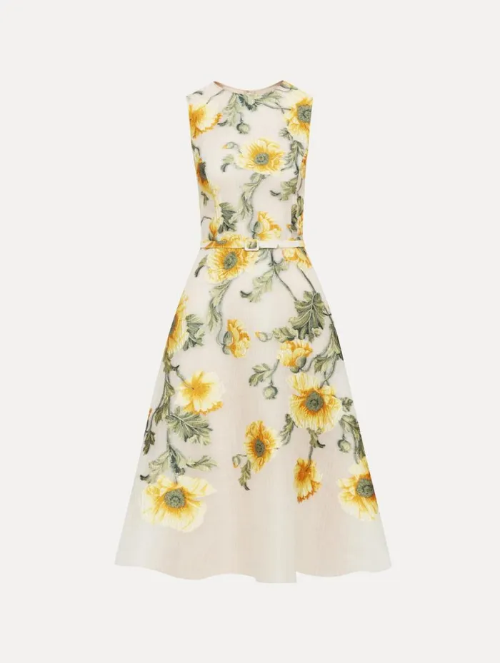 Women Degrad Poppy Fil Coupe Dress Grey Yellow Oscar De La Renta Dresses