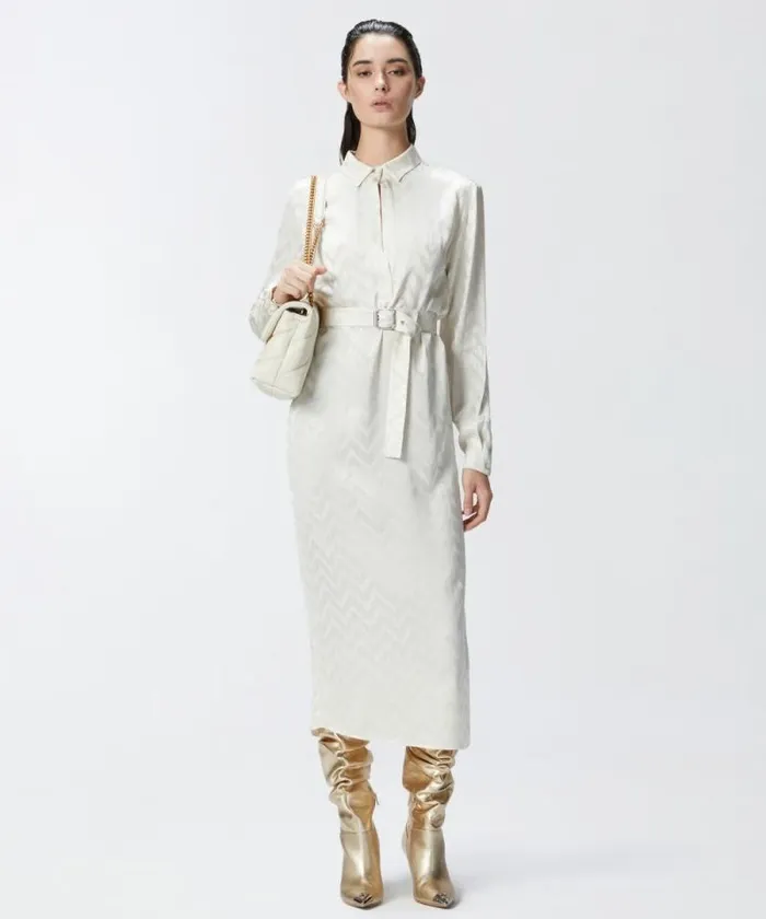 Women Dresses Pinko Jacquard Satin Shirt Dress Milk White