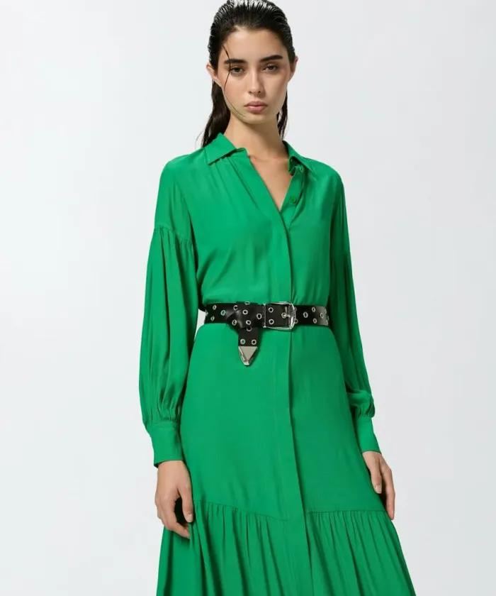 Women Dresses Pinko Long Belted Shirt Dress Fern Green Women Dresses Pinko Long Belted Shirt Dress Fern Green