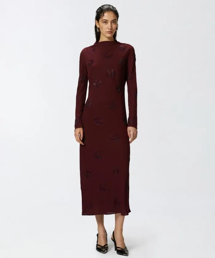 Women Dresses Pinko Long Highnecked Dress With Rhinestone Swirls Potent Purple Women Dresses Pinko Long Highnecked Dress With Rhinestone Swirls Potent Purple