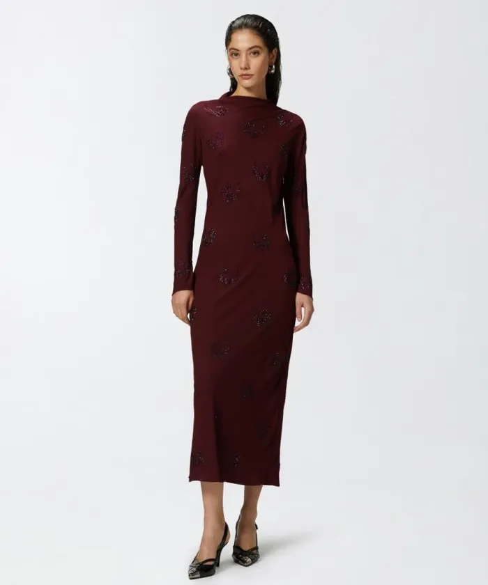 Women Dresses Pinko Long Highnecked Dress With Rhinestone Swirls Potent Purple Women Dresses Pinko Long Highnecked Dress With Rhinestone Swirls Potent Purple