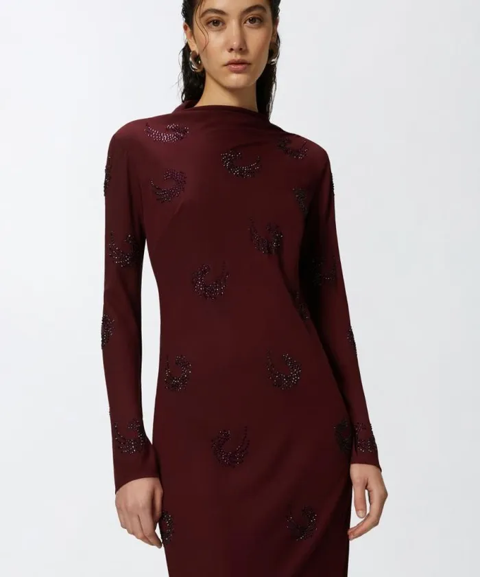 Women Dresses Pinko Long Highnecked Dress With Rhinestone Swirls Potent Purple Women Dresses Pinko Long Highnecked Dress With Rhinestone Swirls Potent Purple