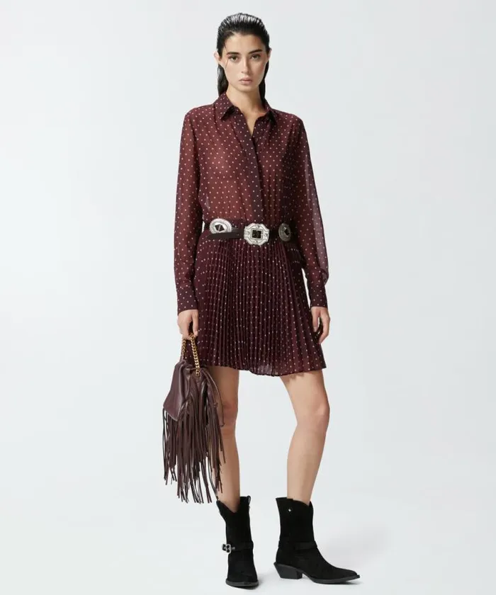 Women Dresses Pinko Mini Chiffon Shirt Dress With Polka Dots Burgundypale Blue Women Dresses Pinko Mini Chiffon Shirt Dress With Polka Dots Burgundypale Blue