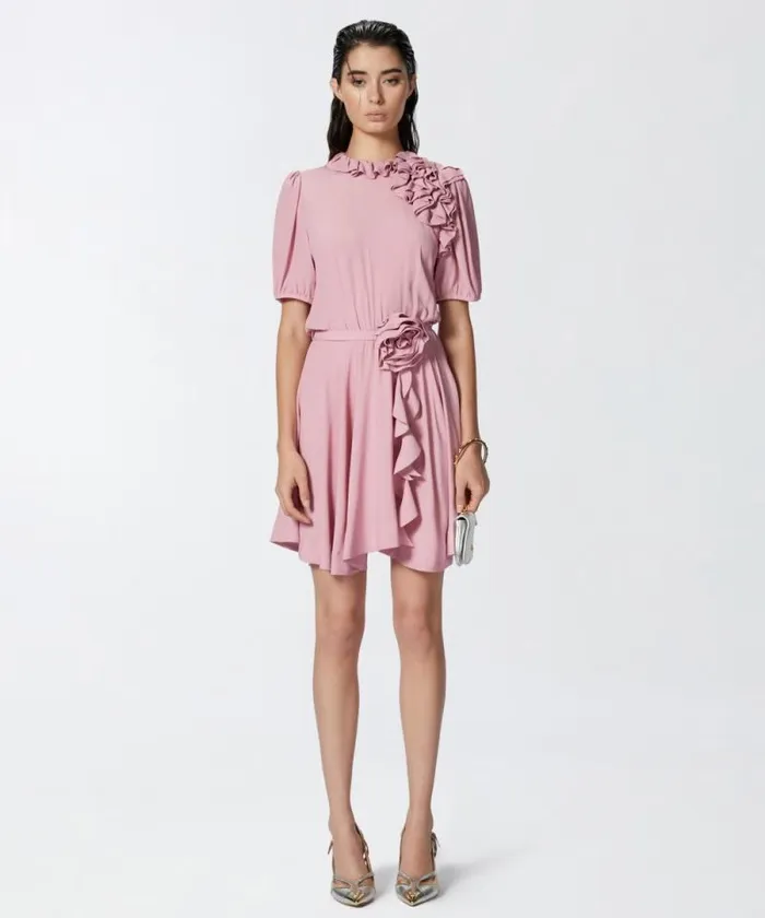 Women Dresses Pinko Silkblend Mini Dress With Rose And Ruffles Pinkpolignac Women Dresses Pinko Silkblend Mini Dress With Rose And Ruffles Pinkpolignac