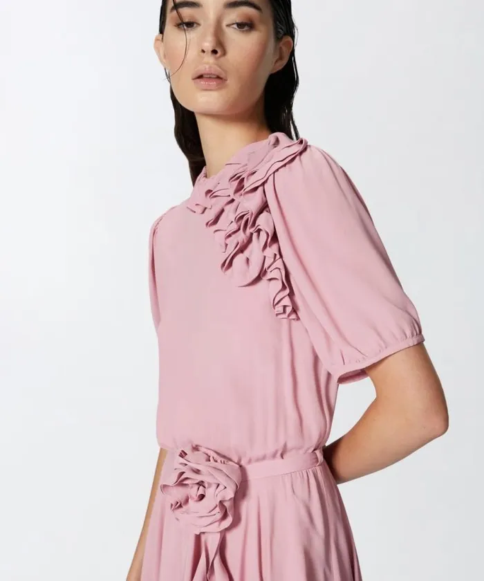Women Dresses Pinko Silkblend Mini Dress With Rose And Ruffles Pinkpolignac Women Dresses Pinko Silkblend Mini Dress With Rose And Ruffles Pinkpolignac