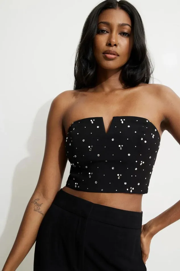 Women Dynamite Blouses and Tops Cropped Rhinestone Bustier Top Black