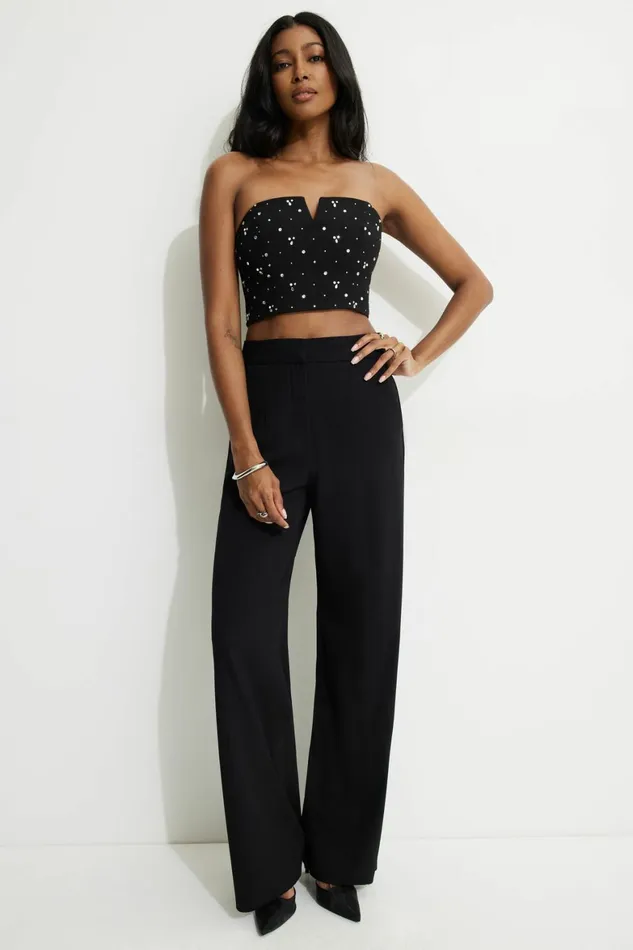 Women Dynamite Blouses and Tops Cropped Rhinestone Bustier Top Black