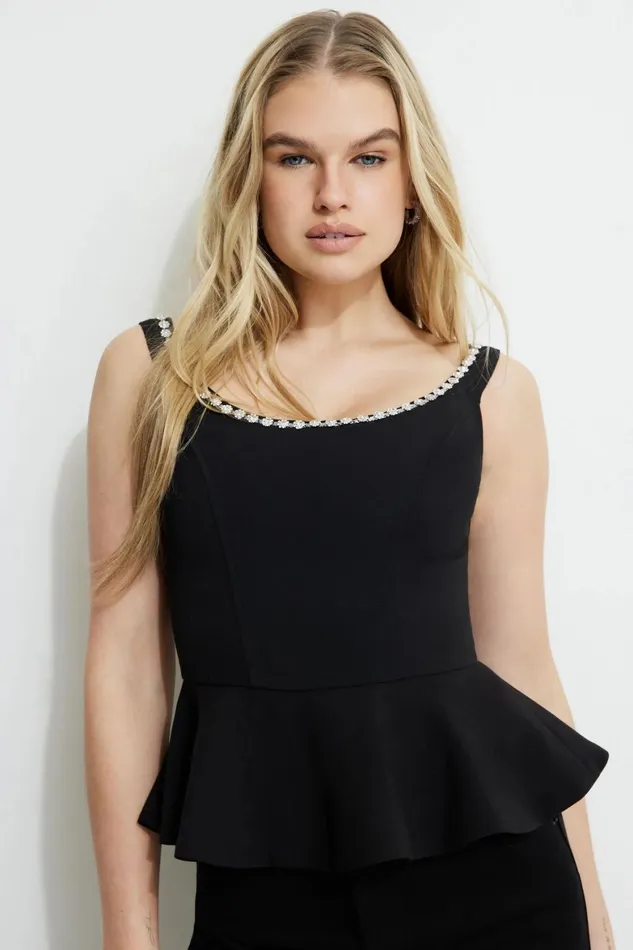 Women Dynamite Blouses and Tops Gemstone Peplum Corset Top Black